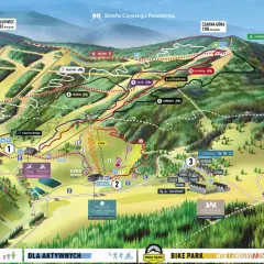 Mapa ośrodka górskiego Czarna Góra Resort z trasami narciarskimi i rowerowymi, wyciągami, schroniskami i hotelami.
