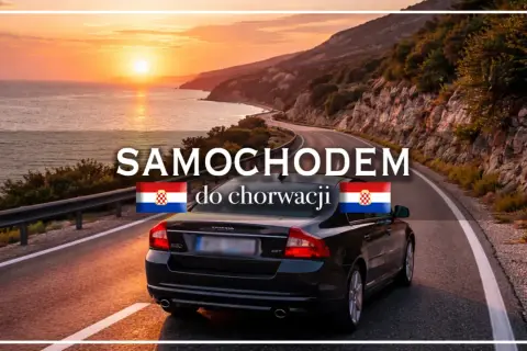 Czarny Volvo jedzie krętą drogą wzdłuż wybrzeża Chorwacji o zachodzie słońca. Napis "SAMOCHODEM do chorwacji" z chorwackimi flagami.