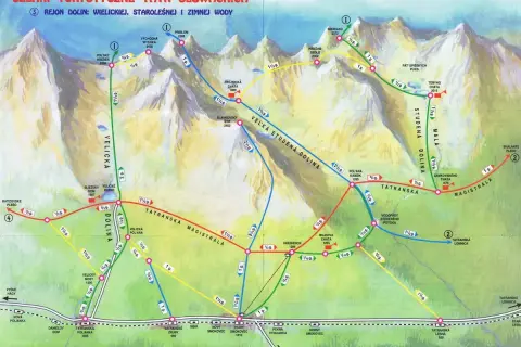 Mapa Tatr Słowackich z zaznaczonymi szlakami turystycznymi, w tym łatwe szlaki w Tatrach Słowackich.